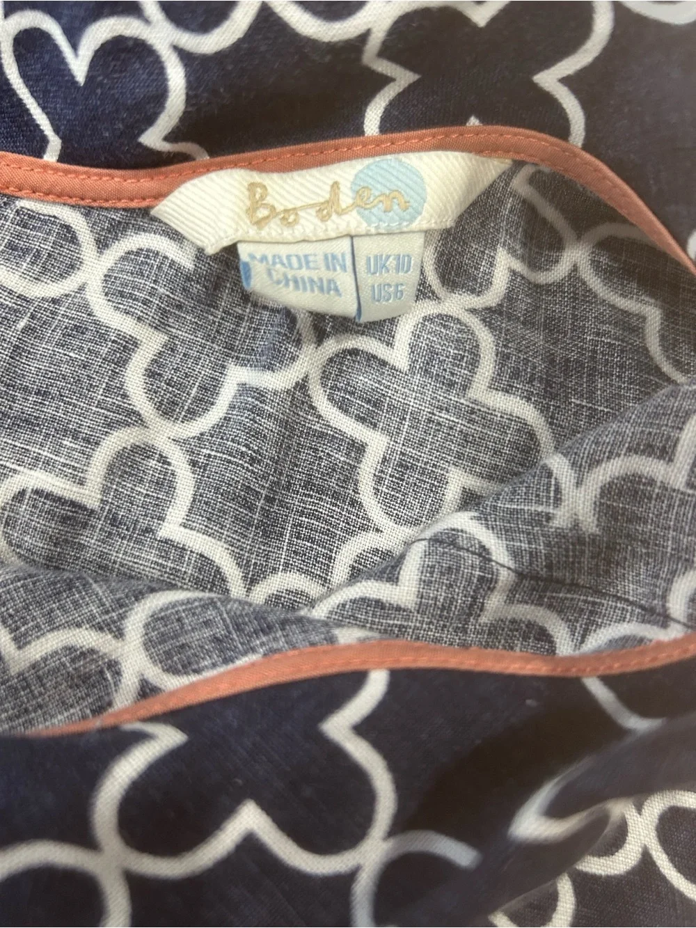 Boden 100% Linen Sleeveless Button Back Top Navy White Print US 6 UK 10 coastal - Picture 4 of 13